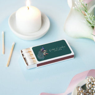 Modern Teal Floral Peacock Wedding Matchboxes