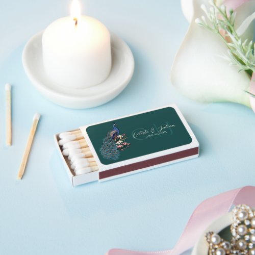 Modern Teal Floral Peacock Wedding Matchboxes