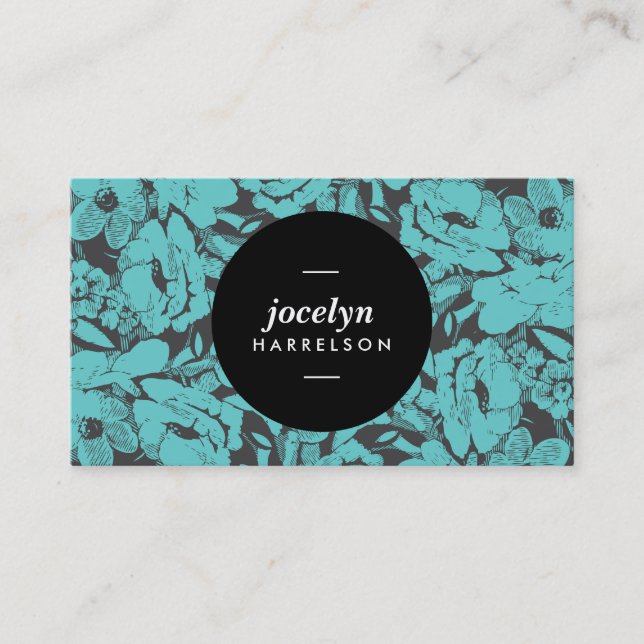 Modern Teal Flowers Black Circle Business Card (Front)