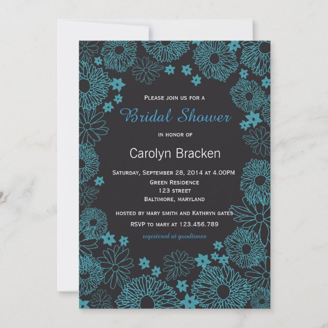 Modern Teal Flowers Border Bridal Shower Invite (Front)