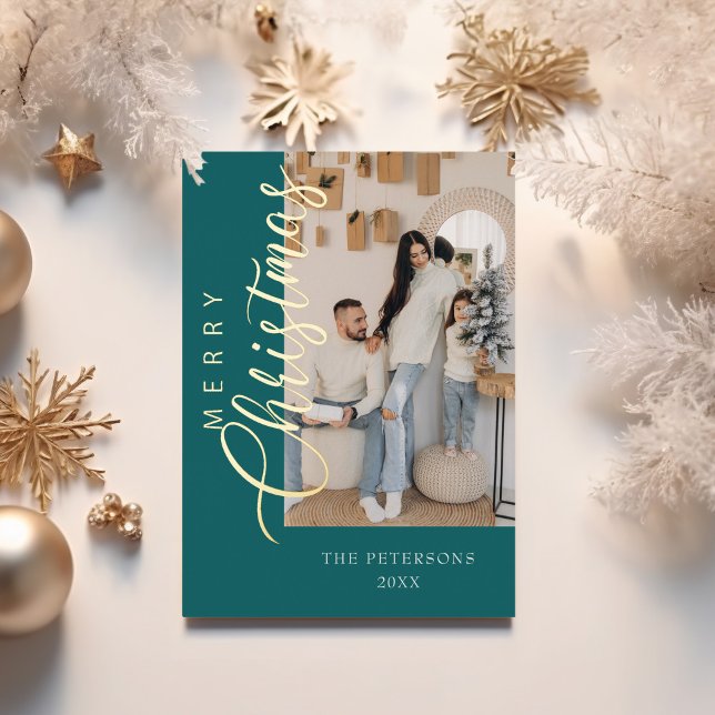 Modern Teal Foil Photo Christmas Card (Modern Teal Photo Christmas Greeting Gold Foil Holiday Card with golden Christmas decoration.)