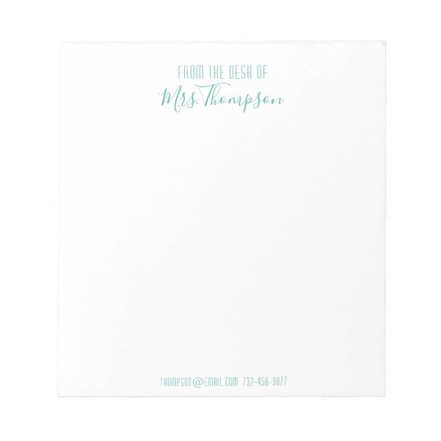 Modern Teal From The Desk Of Name Script Notepad (Front)