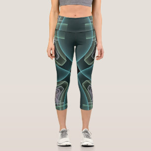 Modern Teal Geometric Fractal Art Graphic Capri Leggings