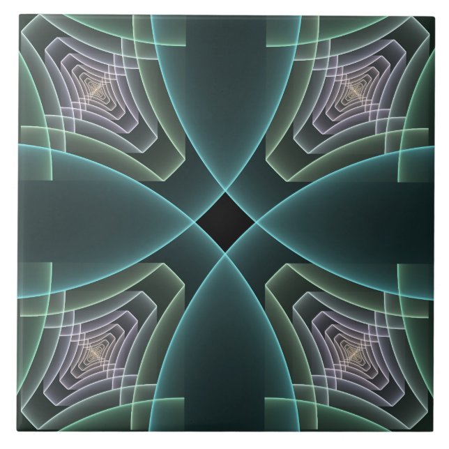 Modern Teal Geometric Fractal Art Graphic Ceramic Tile (Front)