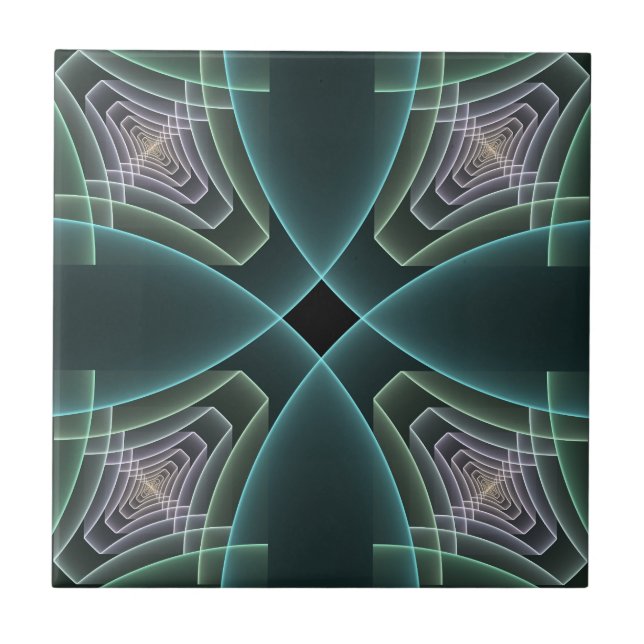 Modern Teal Geometric Fractal Art Graphic Ceramic Tile (Front)