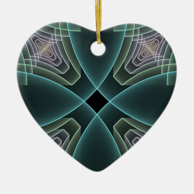Modern Teal Geometric Fractal Art Graphic Heart Ceramic Ornament (Front)