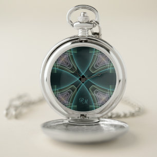 Modern Teal Geometric Fractal Art Graphic Initials Pocket Watch