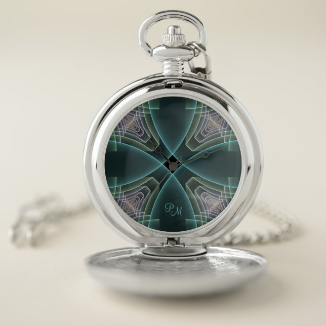Modern Teal Geometric Fractal Art Graphic Initials Pocket Watch (Inside)