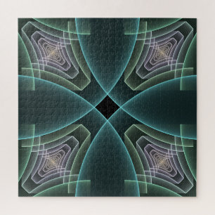 Modern Teal Geometric Fractal Art Graphic Jigsaw Puzzle
