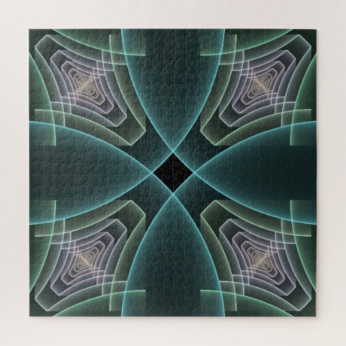 Modern Teal Geometric Fractal Art Graphic Jigsaw Puzzle