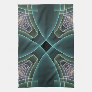 Modern Teal Geometric Fractal Art Graphic Kitchen Towel