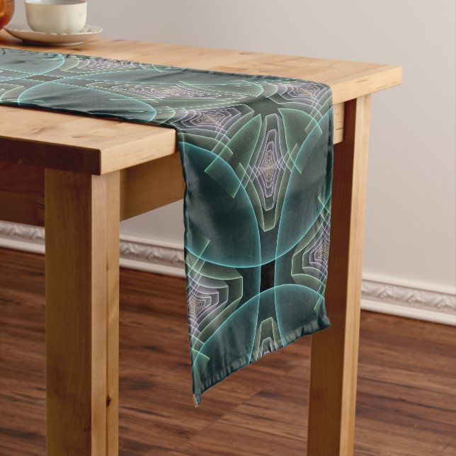 Modern Teal Geometric Fractal Art Graphic Long Table Runner (In Situ)
