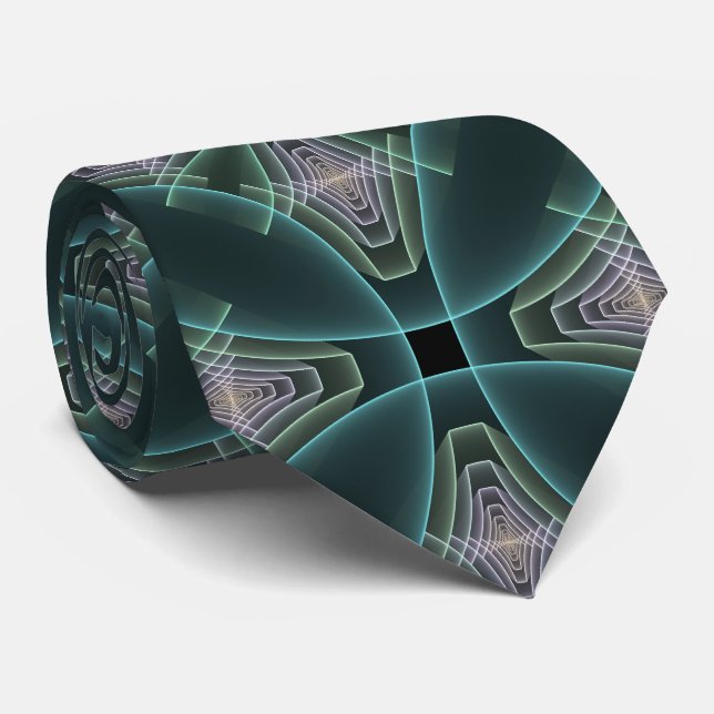 Modern Teal Geometric Fractal Art Graphic Neck Tie (Rolled)