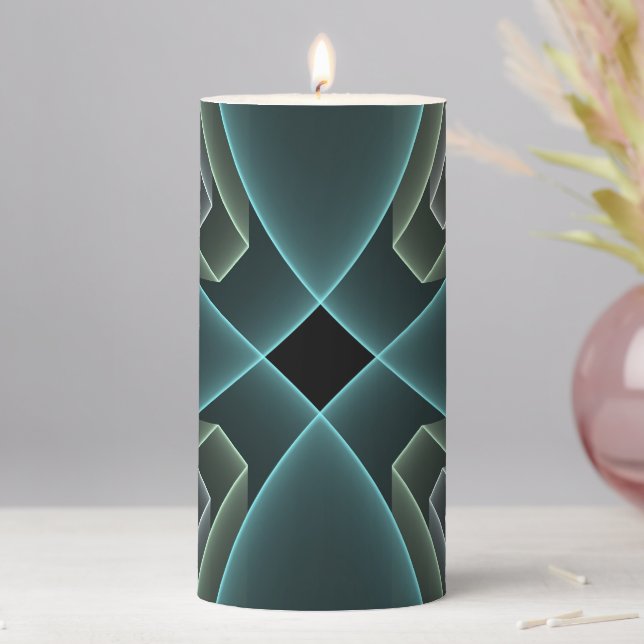 Modern Teal Geometric Fractal Art Graphic Pillar Candle (In Situ)