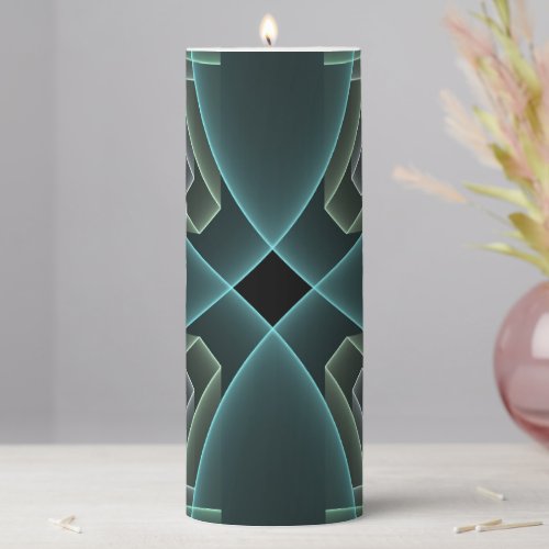 Modern Teal Geometric Fractal Art Graphic Pillar Candle