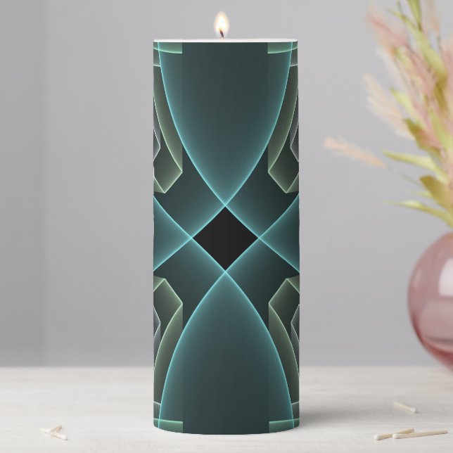 Modern Teal Geometric Fractal Art Graphic Pillar Candle (In Situ)