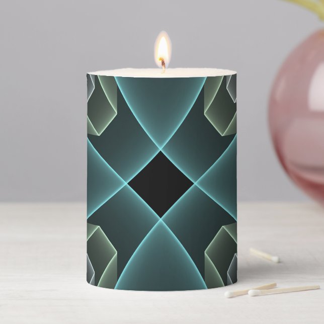 Modern Teal Geometric Fractal Art Graphic Pillar Candle (In Situ)