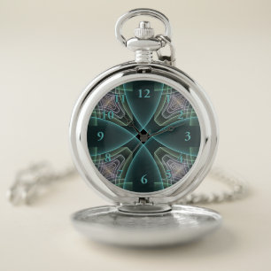 Modern Teal Geometric Fractal Art Graphic Pocket Watch