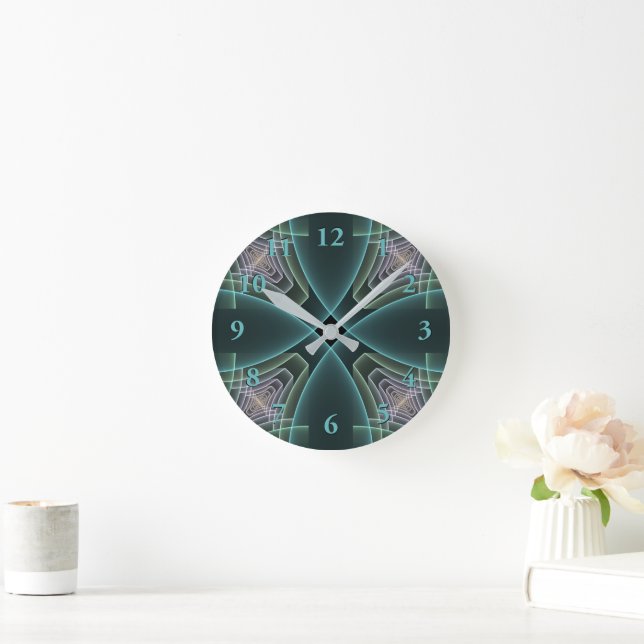 Modern Teal Geometric Fractal Art Graphic Round Clock (Home)