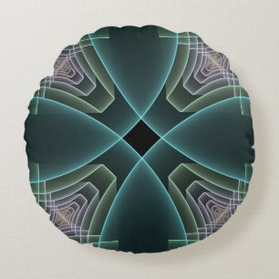Modern Teal Geometric Fractal Art Graphic Round Pillow