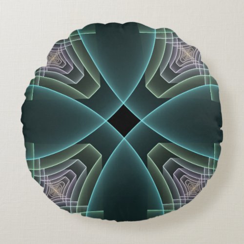 Modern Teal Geometric Fractal Art Graphic Round Pillow