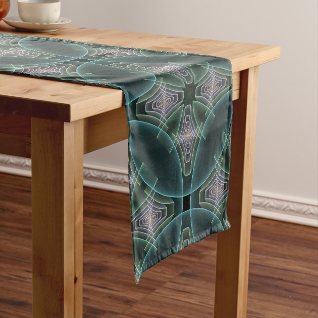 Modern Teal Geometric Fractal Art Graphic Short Table Runner (In Situ)