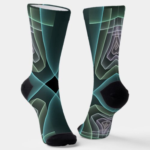 Modern Teal Geometric Fractal Art Graphic Socks