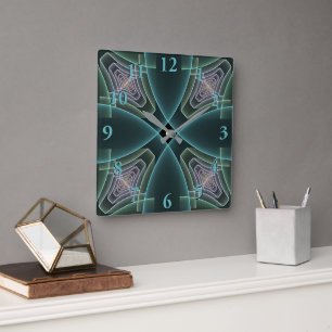 Modern Teal Geometric Fractal Art Graphic Square Wall Clock