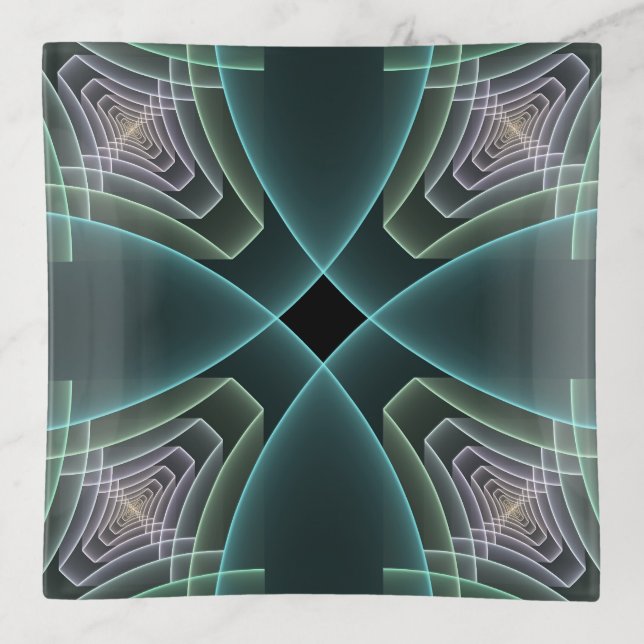 Modern Teal Geometric Fractal Art Graphic Trinket Tray (Front)