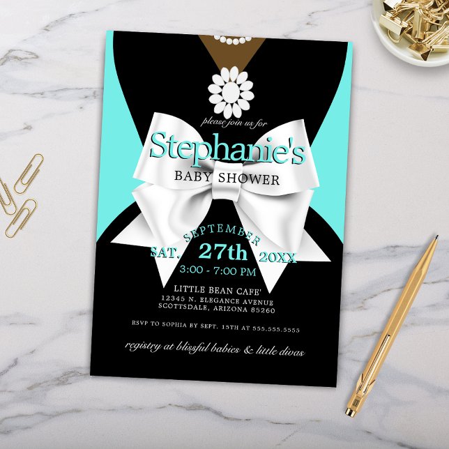 Modern Teal Glam Ethnic Tiffany Baby Shower Invitation (Ethnic Elegant Baby Shower Invitation with Pearls Bow and Tiffany Theme Dark Skin Tones)