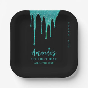 Modern Teal Glitter Drips Sweet 16 Birthday Paper Plates