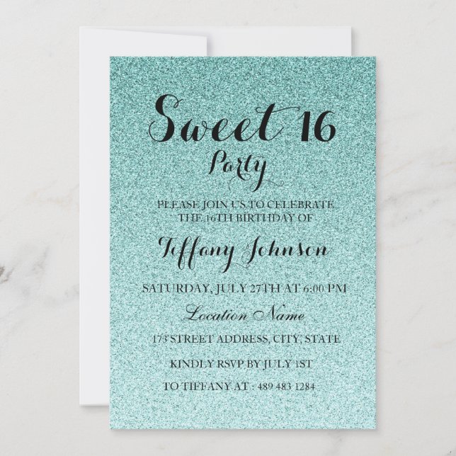 Modern Teal Glitter Faux Ombre Sweet 16 Invitation (Front)