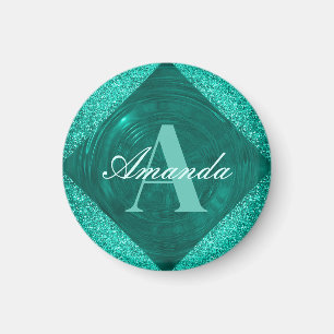 Modern Teal Glitter Girly Monogram Magnet