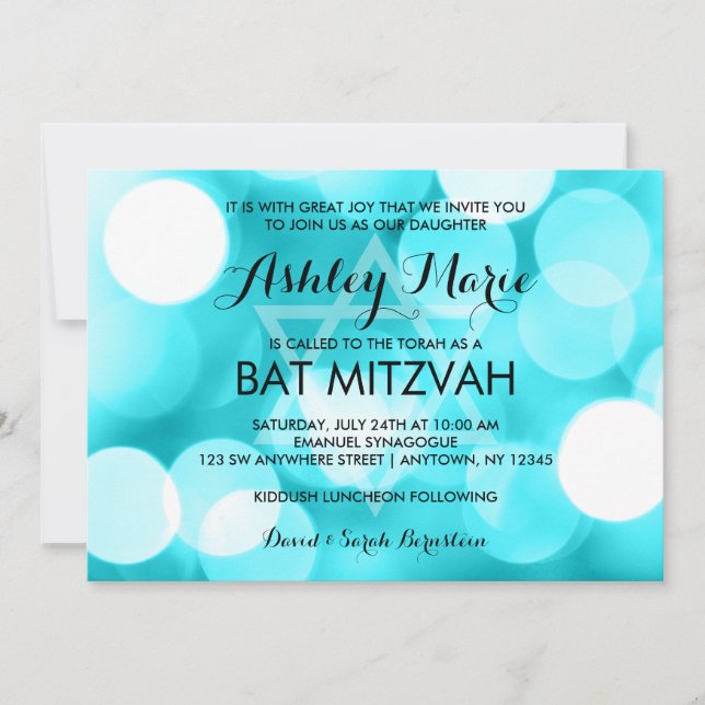 Modern Teal Glitter Lights Bat Mitzvah Invitations (Front)