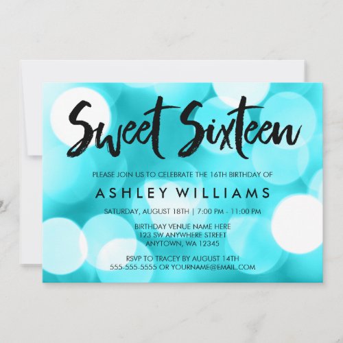 Modern Teal Glitter Lights Sweet 16 Invitations