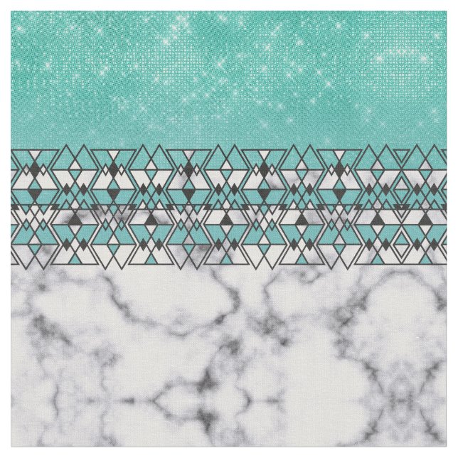 Modern Teal Glitter Marble Geometric Tribal Fabric (Close Up)