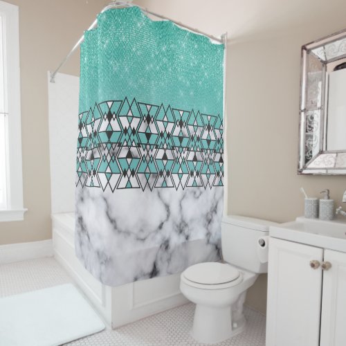 Modern Teal Glitter Marble Geometric Tribal Shower Curtain