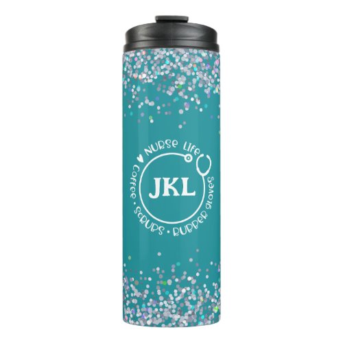 Modern Teal  Glitter Monogram Stethoscope Nurse   Thermal Tumbler