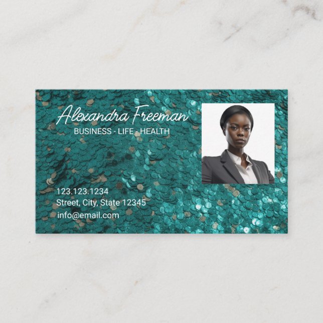 Modern Teal Glitter Photo Template Insurance Agent Business Card (Front)