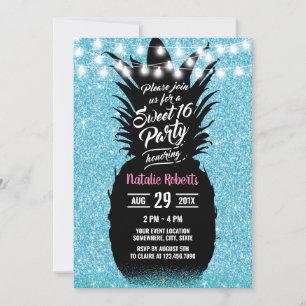 Modern Teal Glitter Pineapple Sweet 16 Birthday Invitation