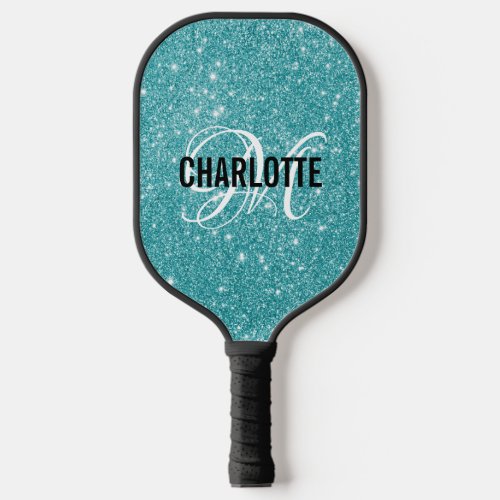 Modern teal glitter script monogram name pickleball paddle