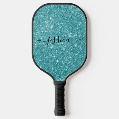 Modern teal glitter script name pickleball paddle