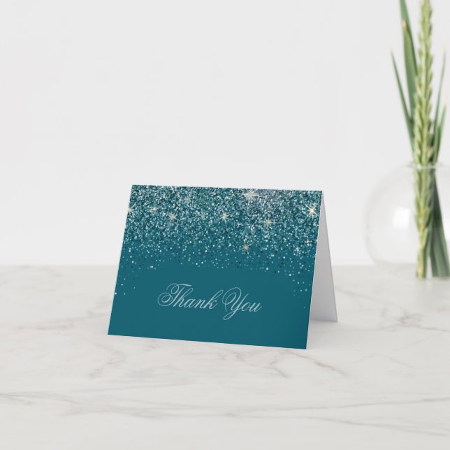 Modern Teal Glitter Thank You Cards (Front)