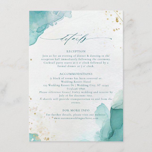 Modern Teal Gold Abstract Beach Wedding Details Enclosure Card (Front)