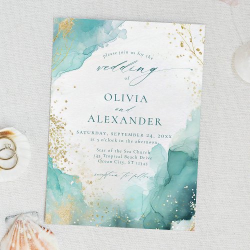 Modern Teal Gold Abstract Beach Wedding