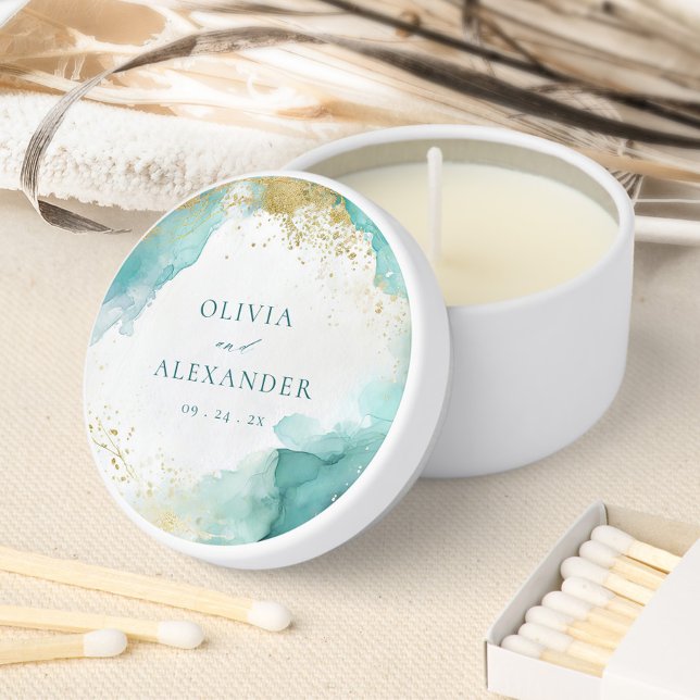 Modern Teal Gold Abstract Beach Wedding Mini Candle Favors (Creator Uploaded)