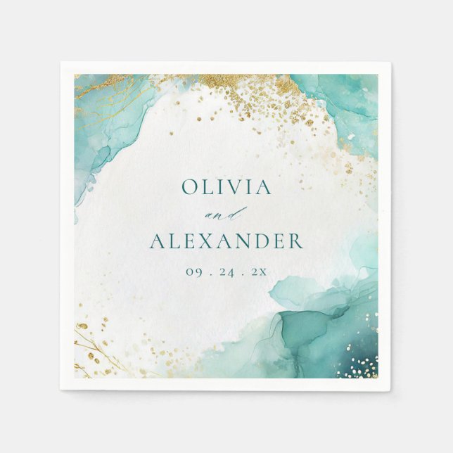 Modern Teal Gold Abstract Beach Wedding Napkins (Front)