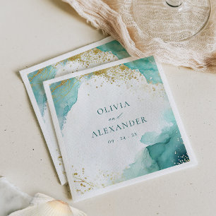 Modern Teal Gold Abstract Beach Wedding Napkins