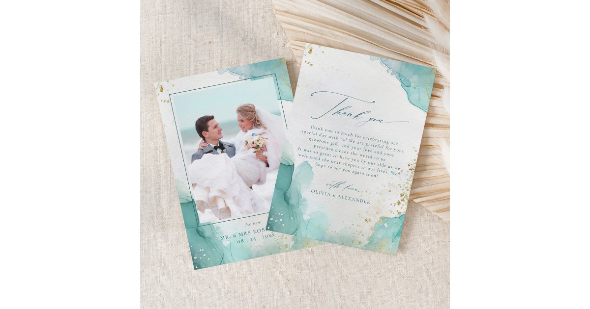 Modern Teal Gold Abstract Beach Wedding Photo Thank You Card | Zazzle