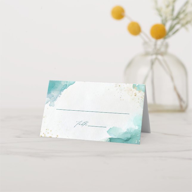 Modern Teal Gold Abstract Beach Wedding Place Card (Front)